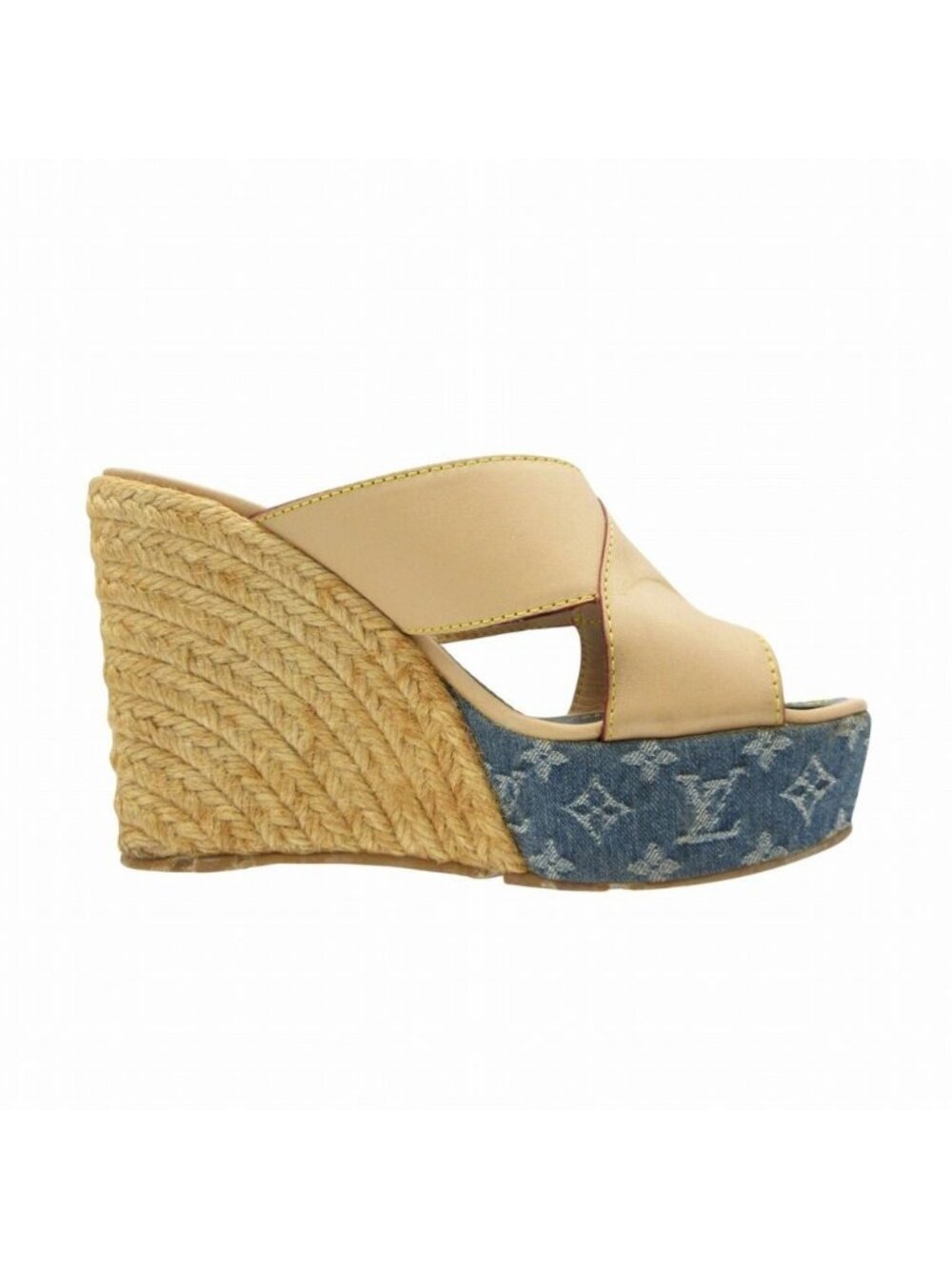 Louis Vuitton Sandals Denim Monogram Espadrilles Wedge Sole Cross Belt Gold - Picture 4 of 9